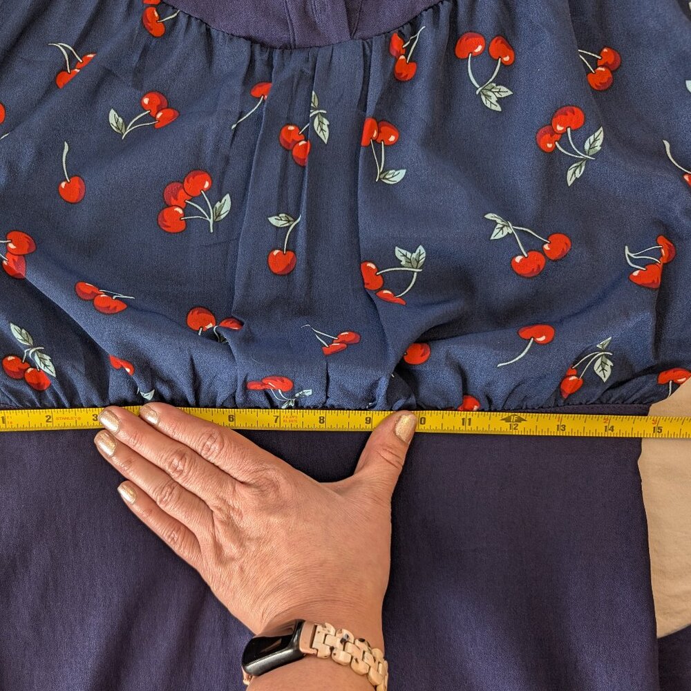 NWT Unique Vintage Navy Cherry Print Bishop Sleeve Wiggle Pencil Dress L(10/12) - Picture 8 of 13